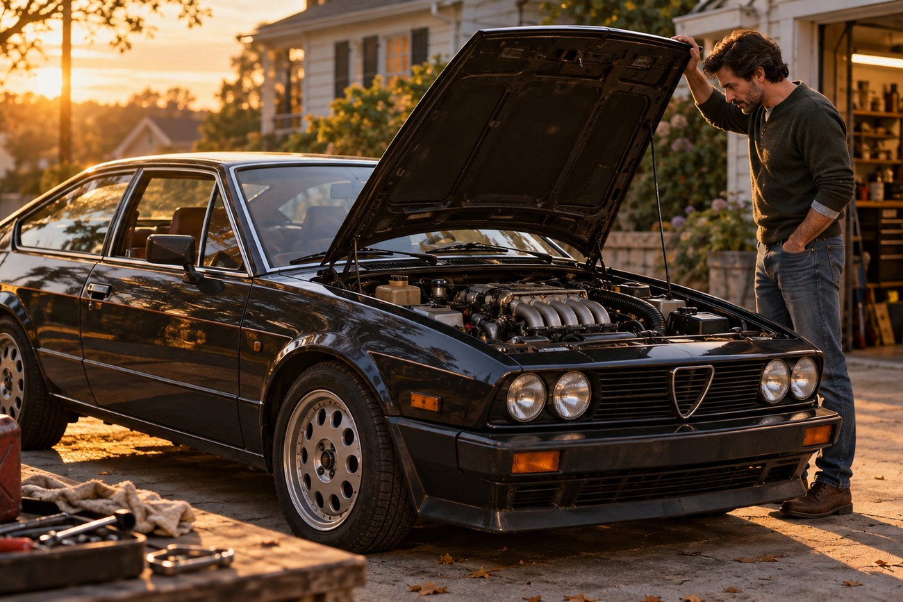 A man inspecting the open hood of a classic black Alfa Romeo GTV6 parked in a residential driveway at sunset