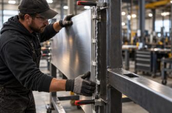 A worker in safety glasses and gloves aligning and bonding a metal panel with structural adhesive in a factory