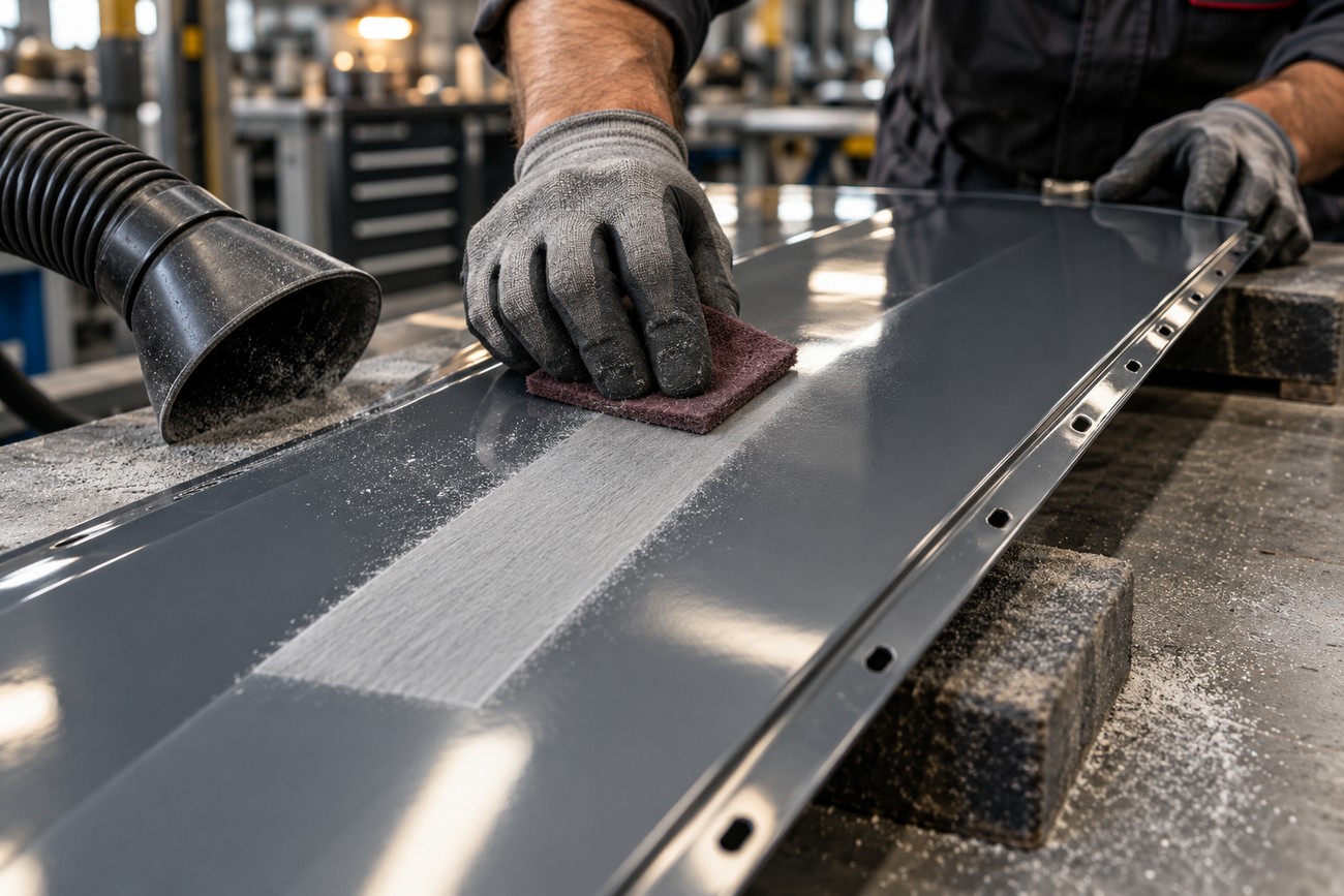 Worker in gloves abrading a metal panel surface with a sanding pad in a workshop