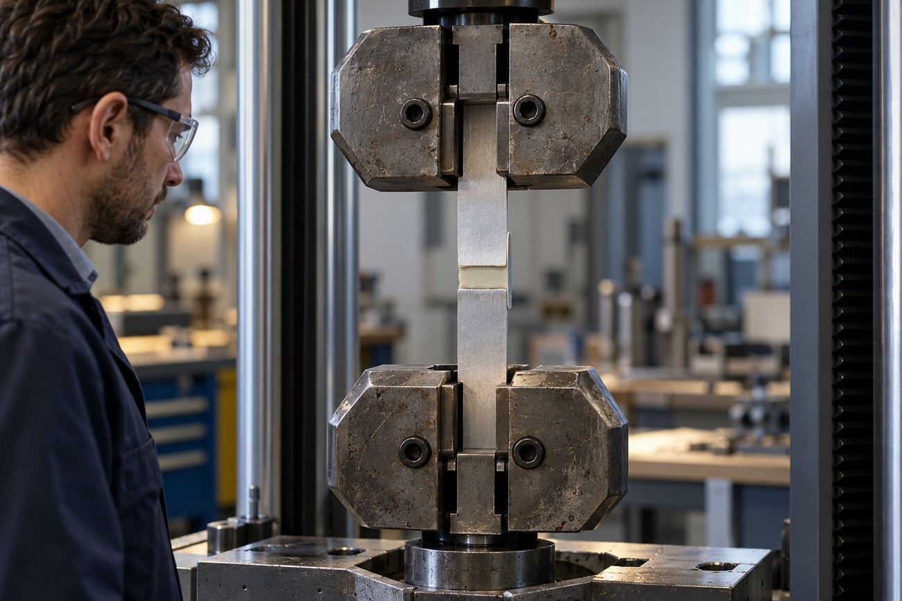 An engineer in safety glasses watches a universal testing machine pulling apart bonded metal panels to test structural adhesive strength