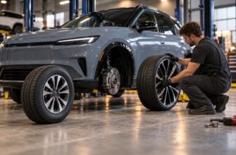 A mechanic in overalls installing a wheel and tire onto an electric crossover SUV in a service garage
