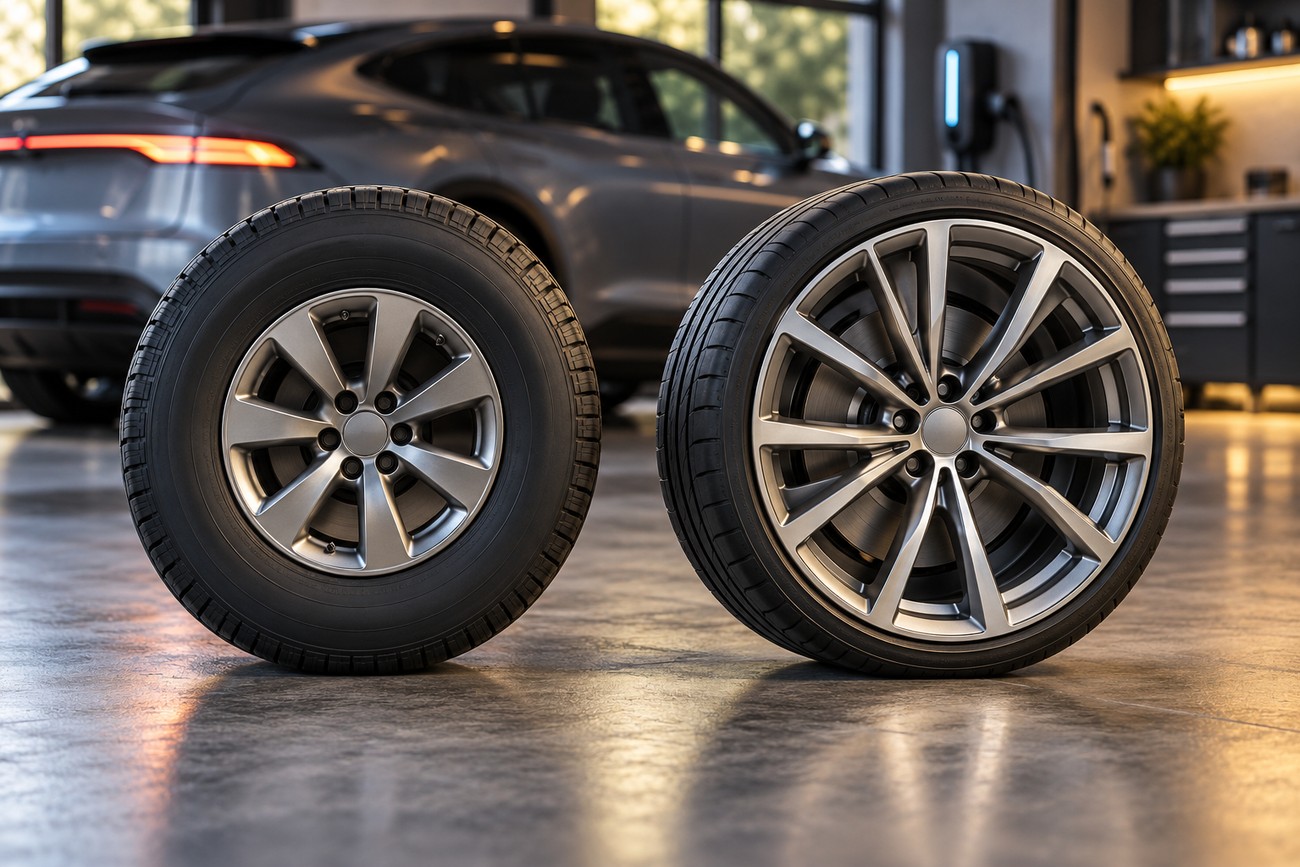 Two alloy wheels with low-profile tires standing upright on a glossy garage floor with an electric car in the background