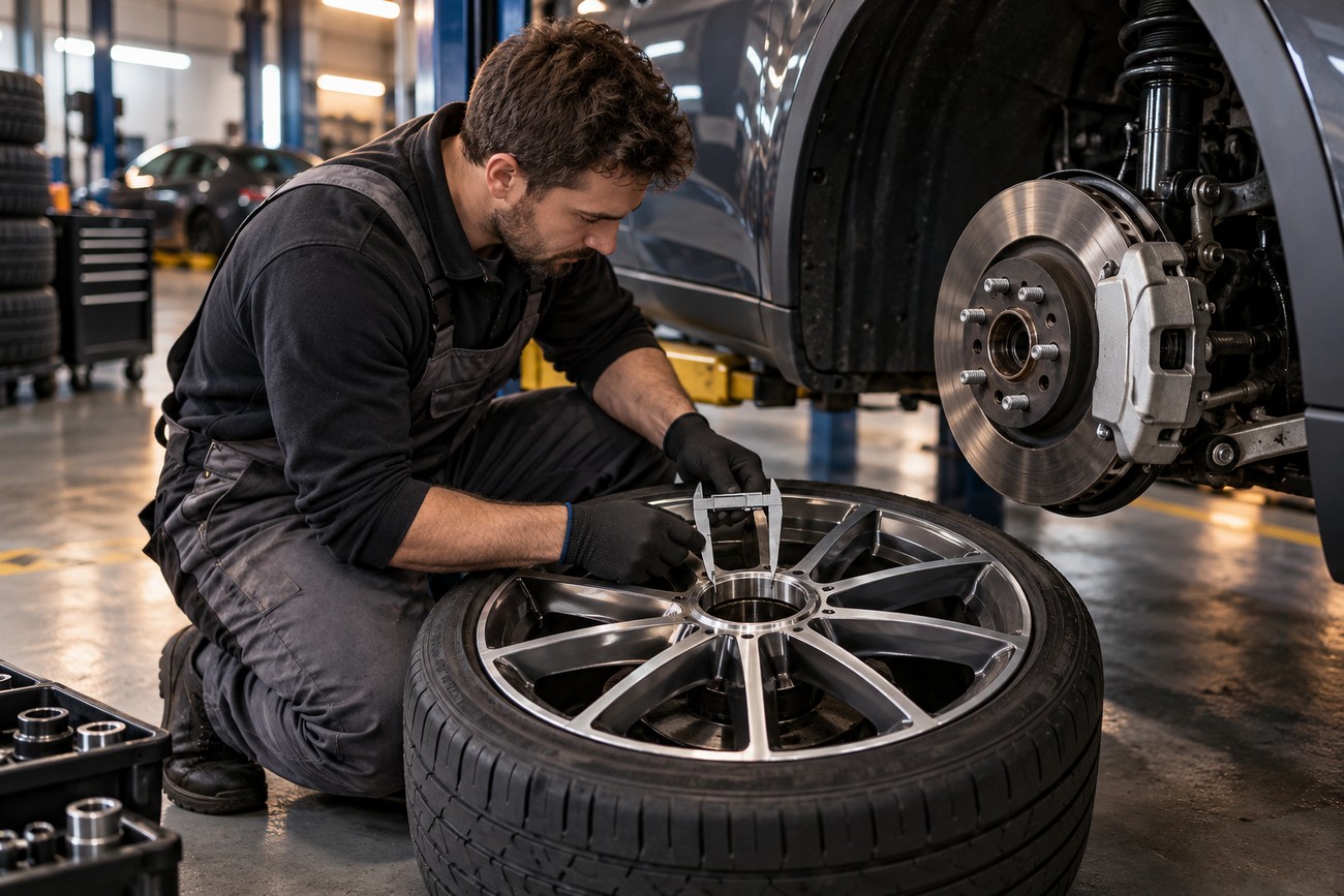 A mechanic wearing gloves kneels in a garage and measures an alloy wheel hub for an electric vehicle using a caliper
