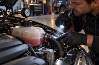 Mechanic wearing black gloves using a flashlight to inspect a coolant hose with pink residue near the engine reservoir
