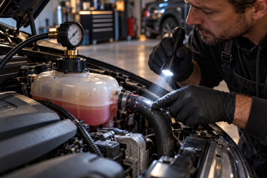 Mechanic wearing black gloves using a flashlight to inspect a coolant hose with pink residue near the engine reservoir