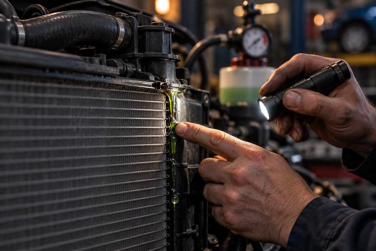 Mechanic holding a flashlight and pointing at a green engine coolant leak on a car radiator in a repair shop