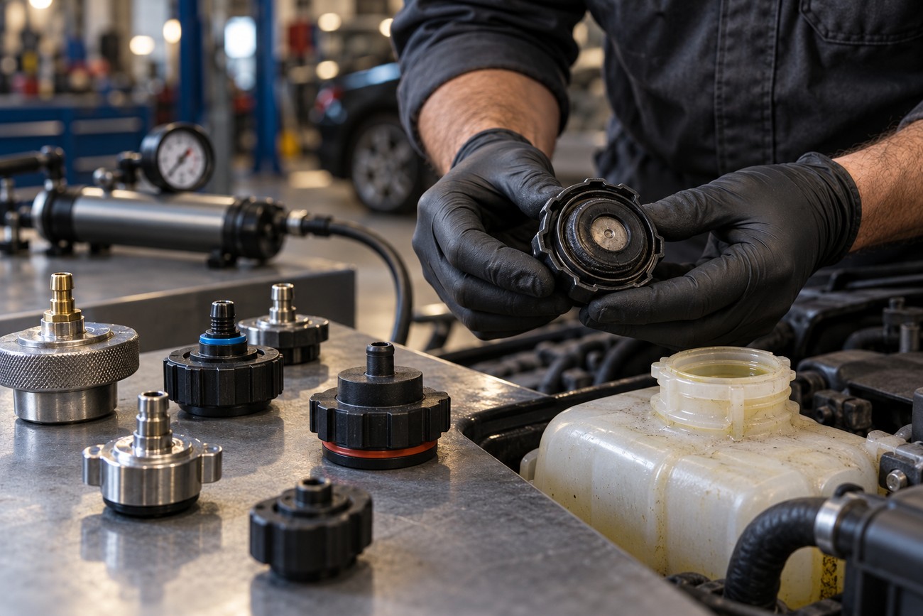 Mechanic in black gloves holding a radiator cap next to an engine coolant reservoir and pressure testing adapters on a workbench