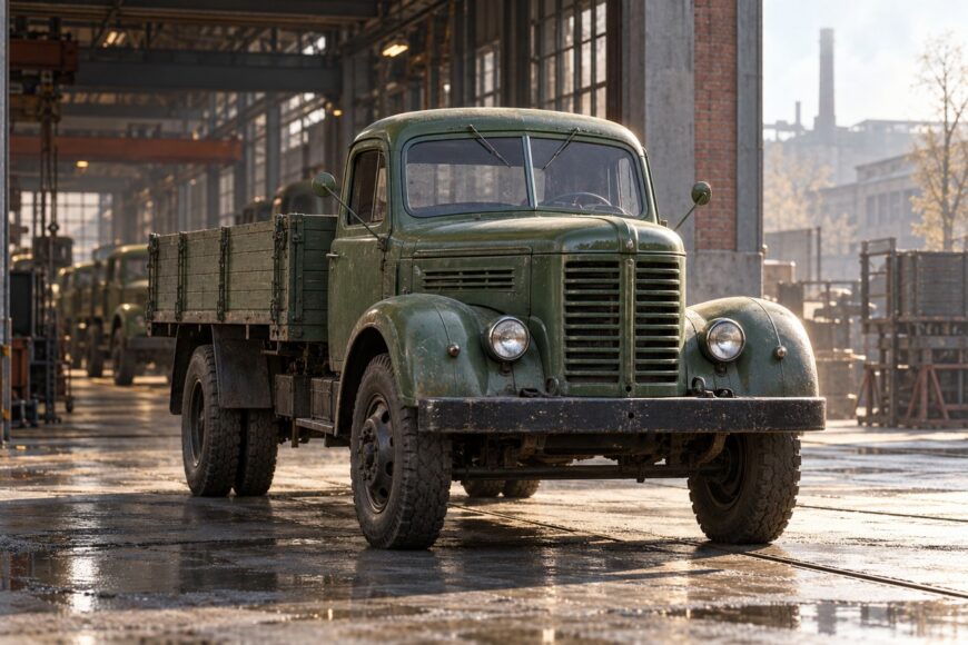 Vintage green FAW Jiefang CA10 truck parked inside an industrial factory with other trucks in the background