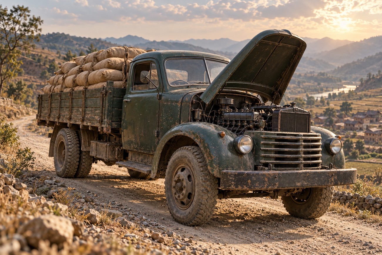 A vintage green FAW Jiefang CA10 truck loaded with sacks stands on a rocky dirt road with its hood open