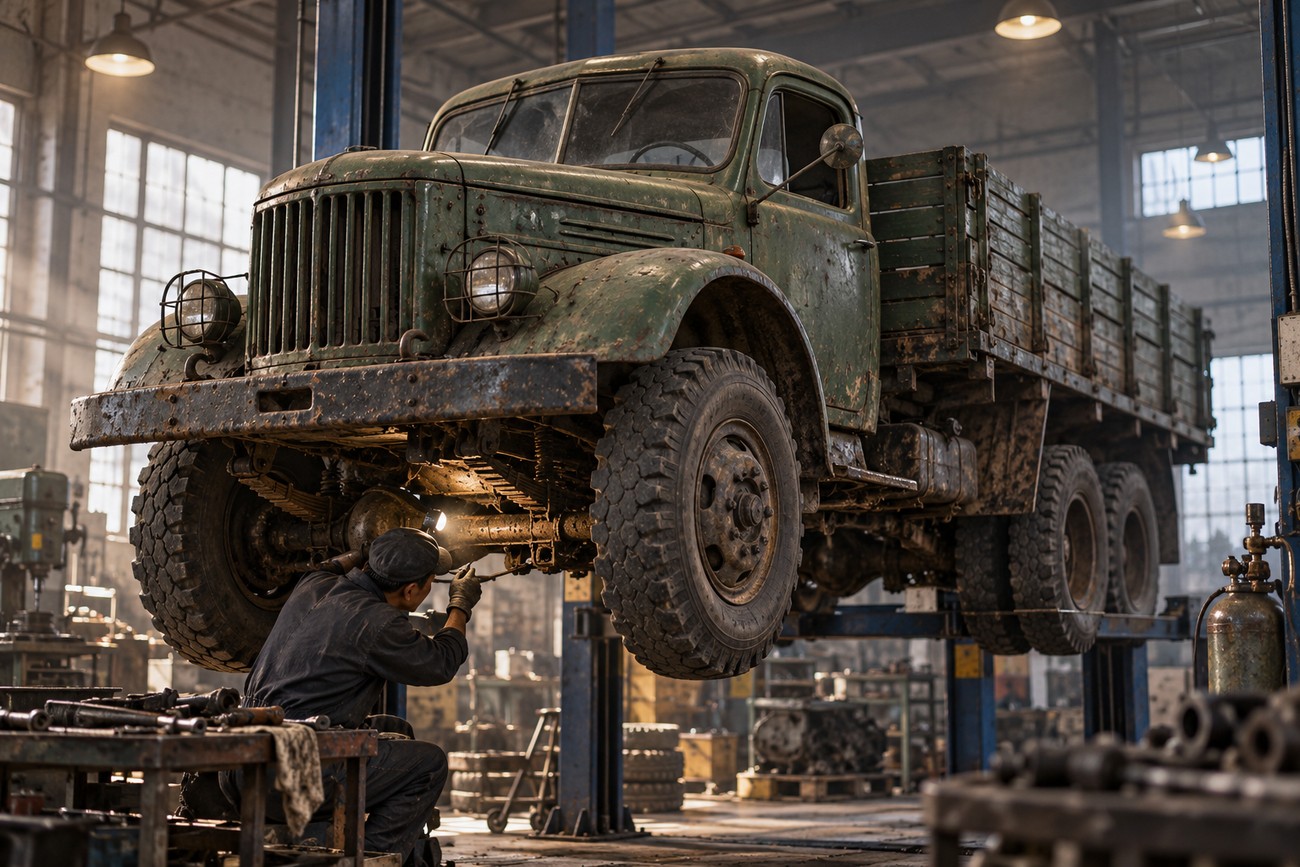 A mechanic working under a vintage green FAW Jiefang CA10 truck lifted on a hydraulic hoist in a repair workshop