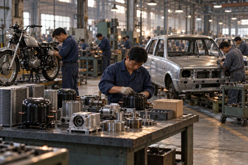 Factory workers assembling mechanical parts and vehicle bodies inside a busy industrial manufacturing plant