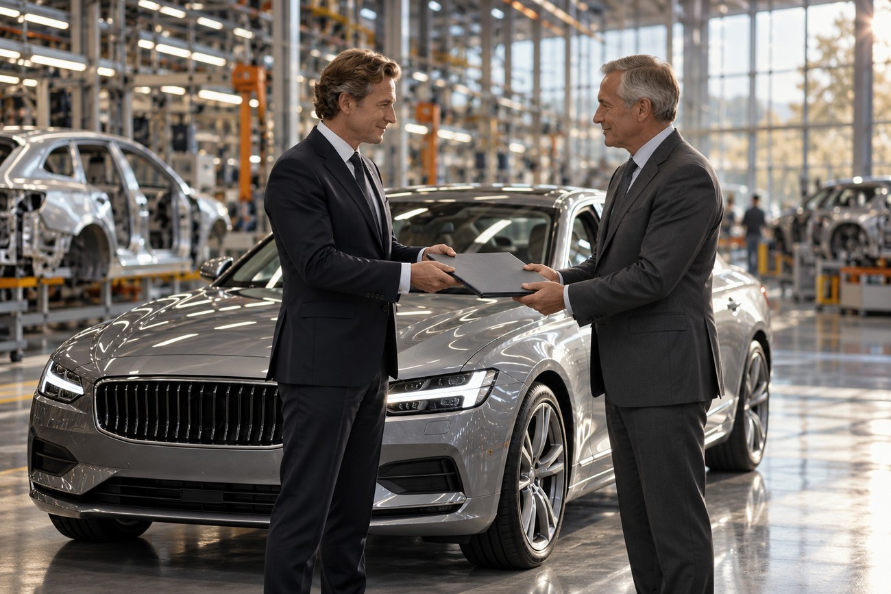 Two businessmen in dark suits exchanging a folder inside a bright automotive assembly plant with a luxury sedan in the foreground