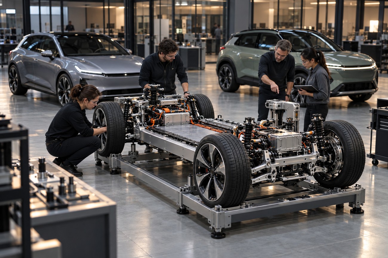 Engineers inspecting an electric vehicle chassis platform on an assembly line inside a modern automotive factory