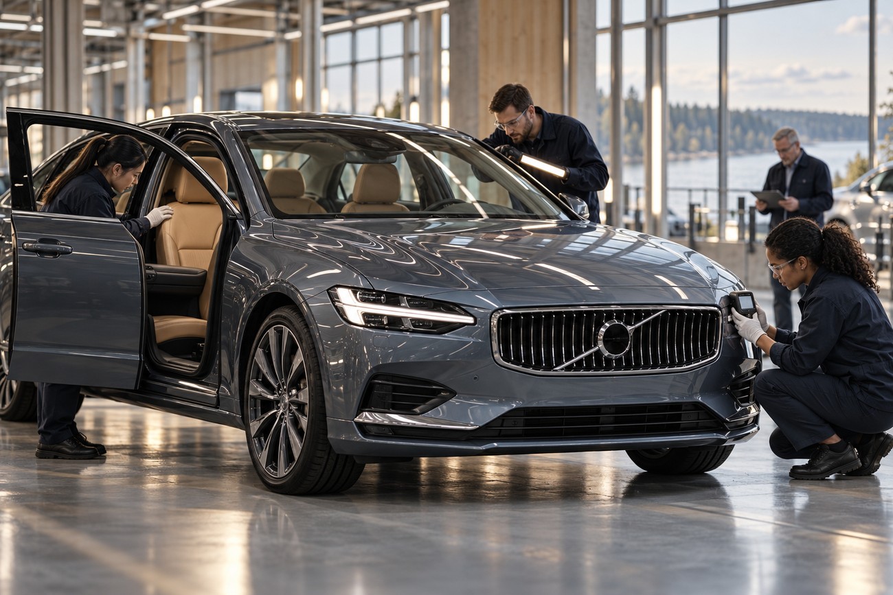 Workers in uniforms inspecting a grey Volvo sedan at a modern manufacturing plant