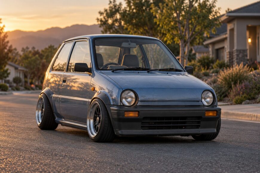 Modified light blue Honda Today kei car with a low stance and wide wheels parked on a suburban street at sunset