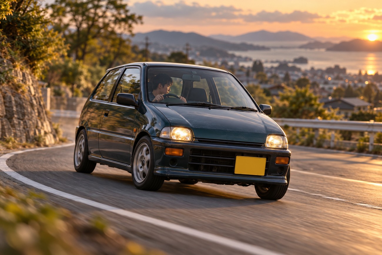 A dark green Honda Today kei car navigates a winding mountain road during a scenic sunset with a coastal town in the background