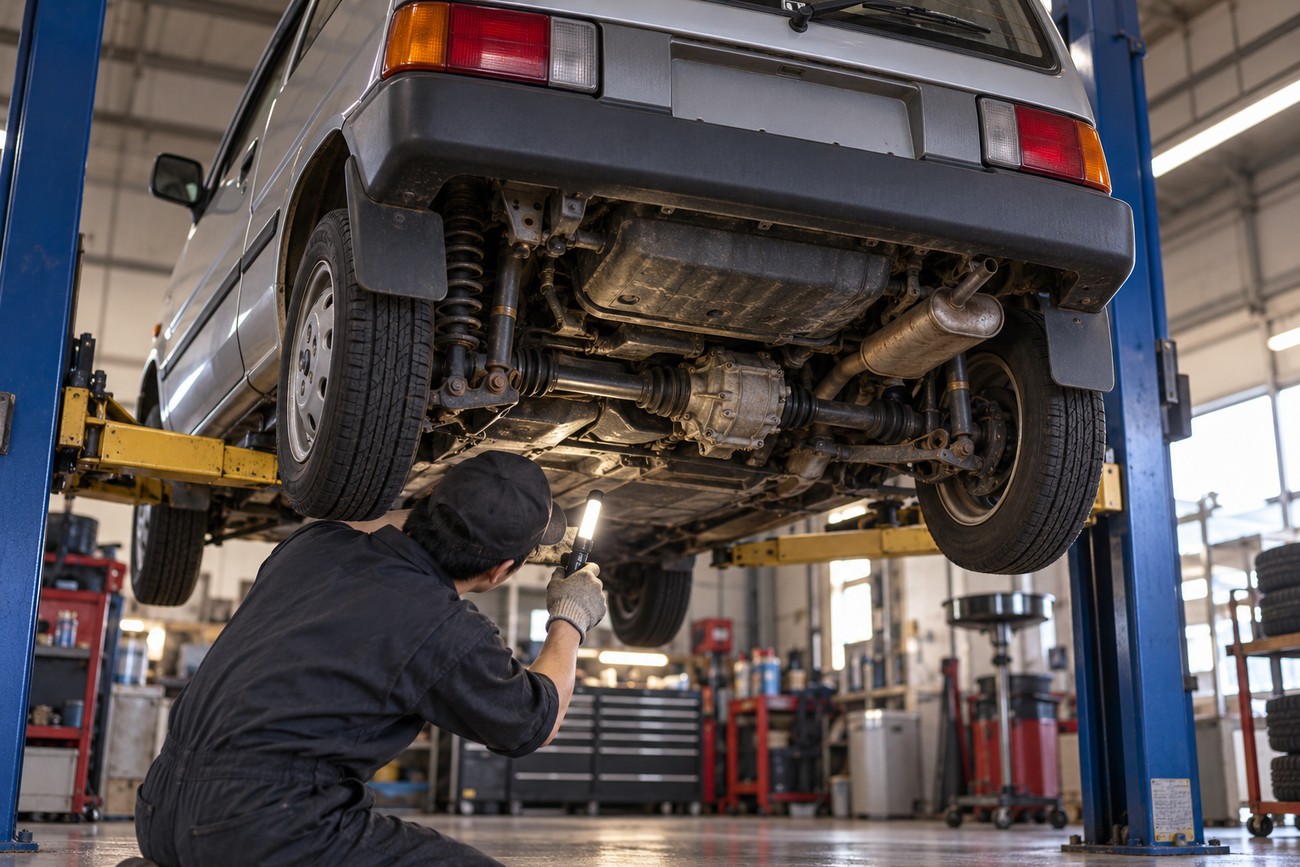 A mechanic uses a flashlight to inspect the underbody and suspension of a Honda Today kei car lifted on a hydraulic hoist in a repair shop
