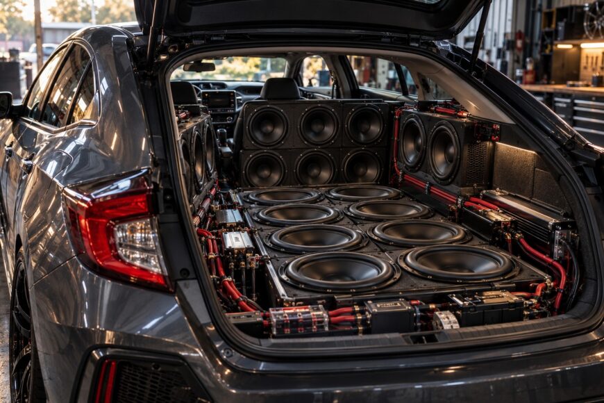 Custom audio system with numerous subwoofers installed inside the trunk and rear seats of a dark grey Honda Civic