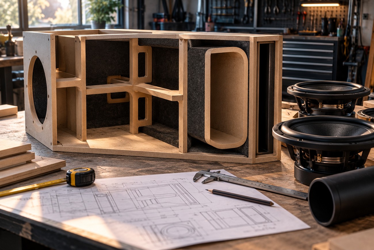 Custom wooden subwoofer enclosure under construction on a workshop table next to audio drivers and blueprints