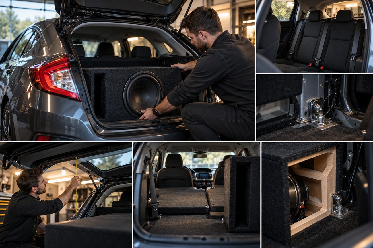 A technician installing a custom subwoofer enclosure into the trunk of a gray Honda Civic