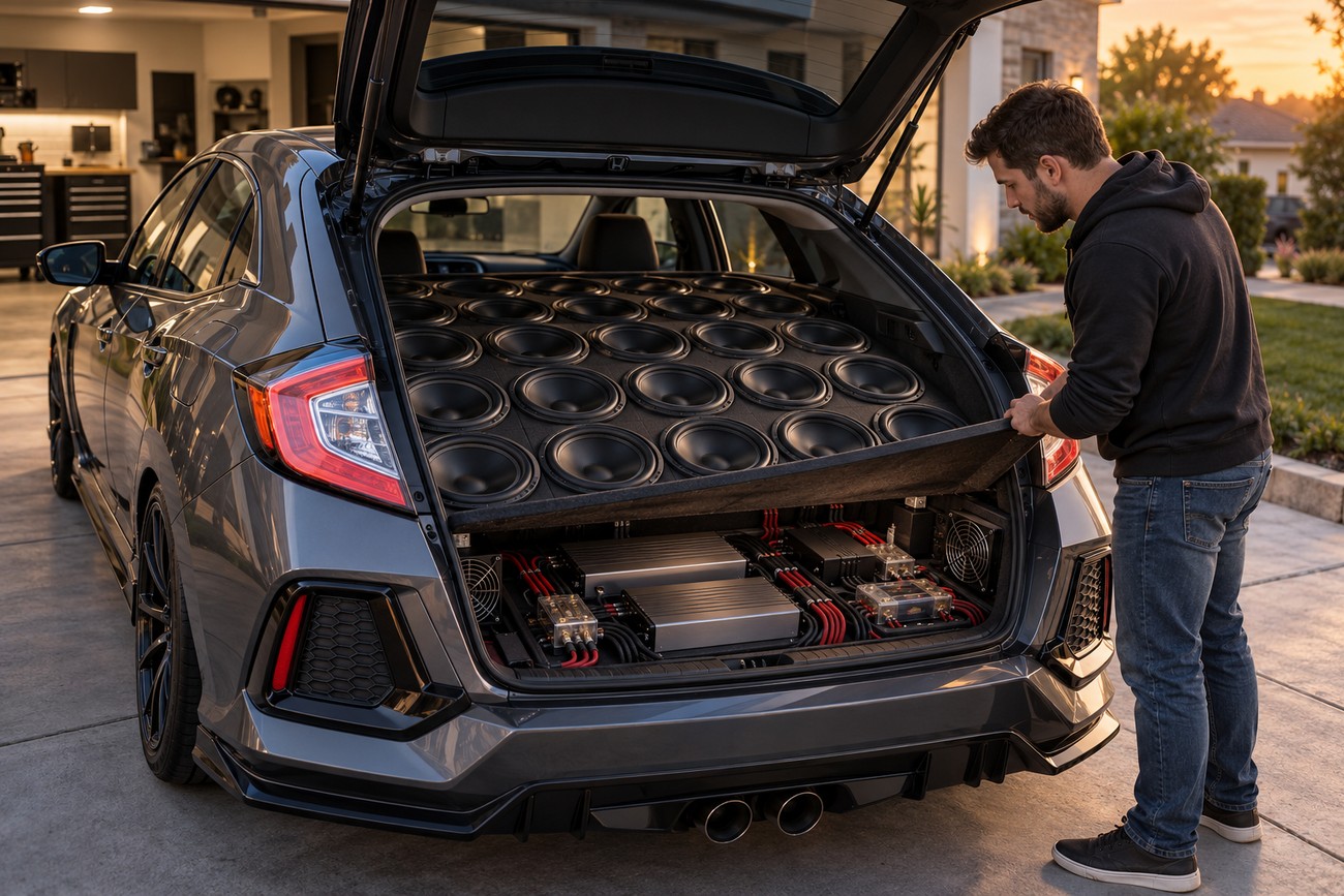 A man standing by the open trunk of a dark Honda Civic packed with multiple subwoofers and amplifiers