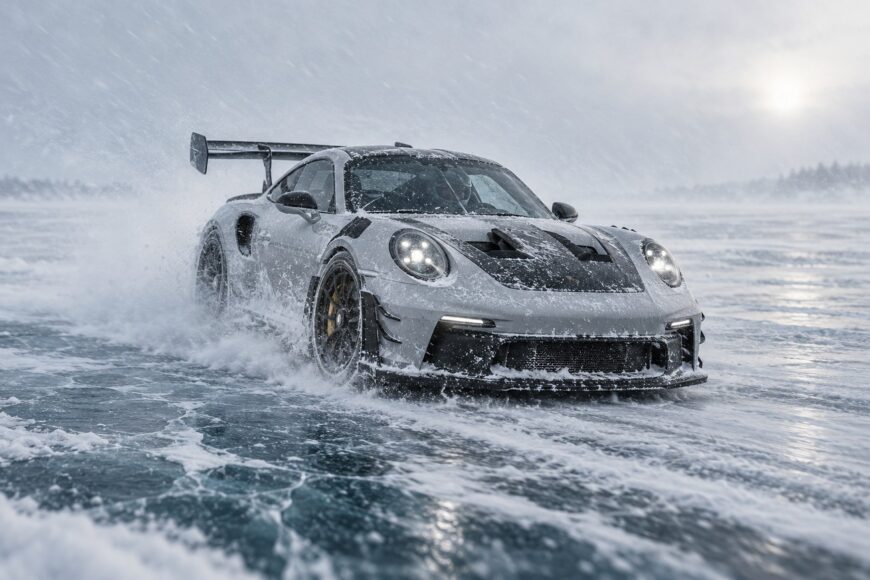 A grey Porsche 911 GT3 RS drifting and kicking up snow on a frozen lake during a blizzard