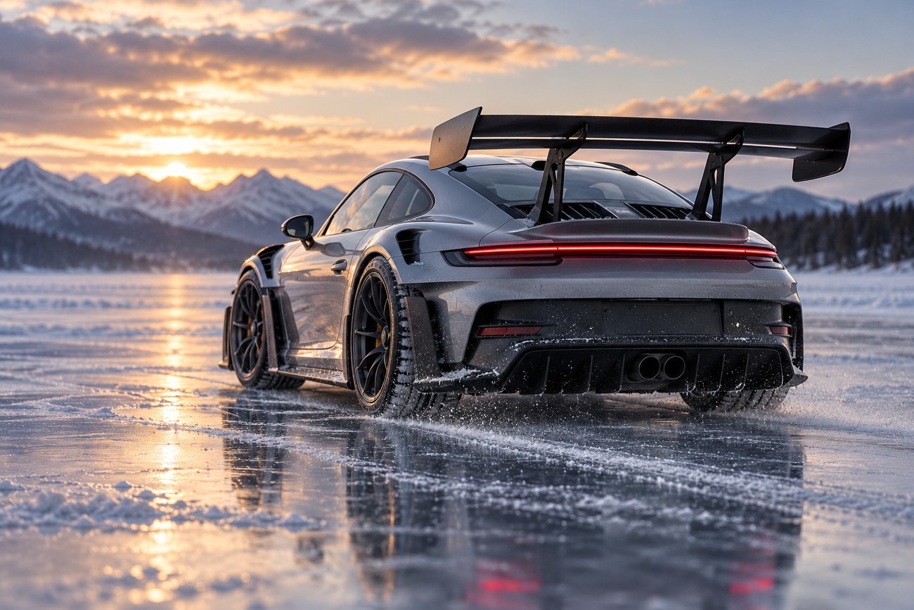 Rear view of a silver Porsche 911 GT3 RS with a large rear wing driving on the icy surface of Lake Winnipeg at sunset