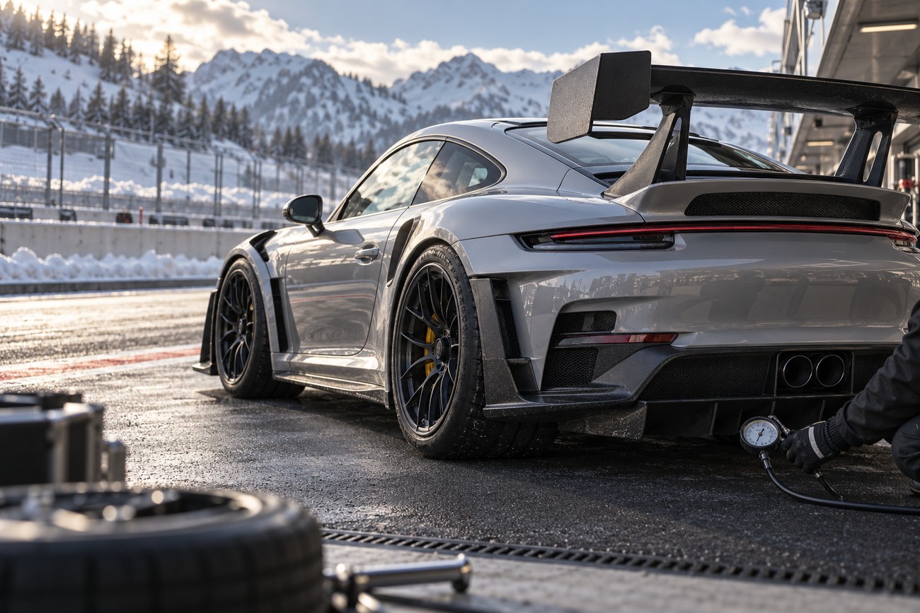 A grey Porsche 911 GT3 RS with a large rear wing parked on a snowy racetrack with mountains in the background
