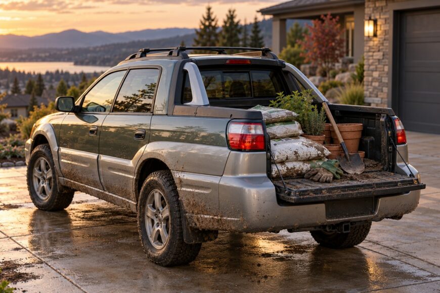 A muddy Subaru Baja parked in a driveway at sunset with soil bags, potted plants, and a shovel loaded in its truck bed
