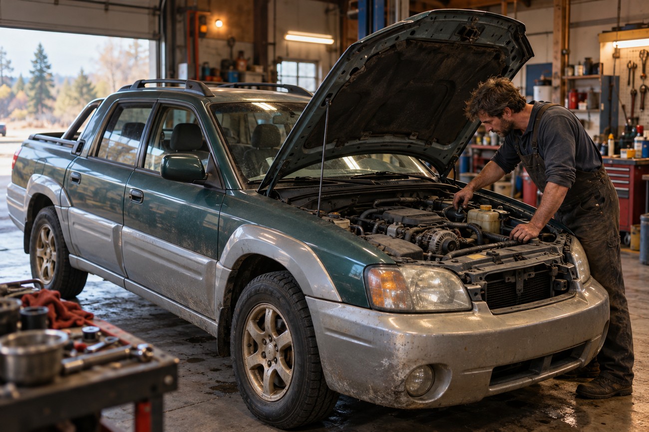 A mechanic in overalls inspecting the open engine bay of a green Subaru Baja inside an auto repair shop