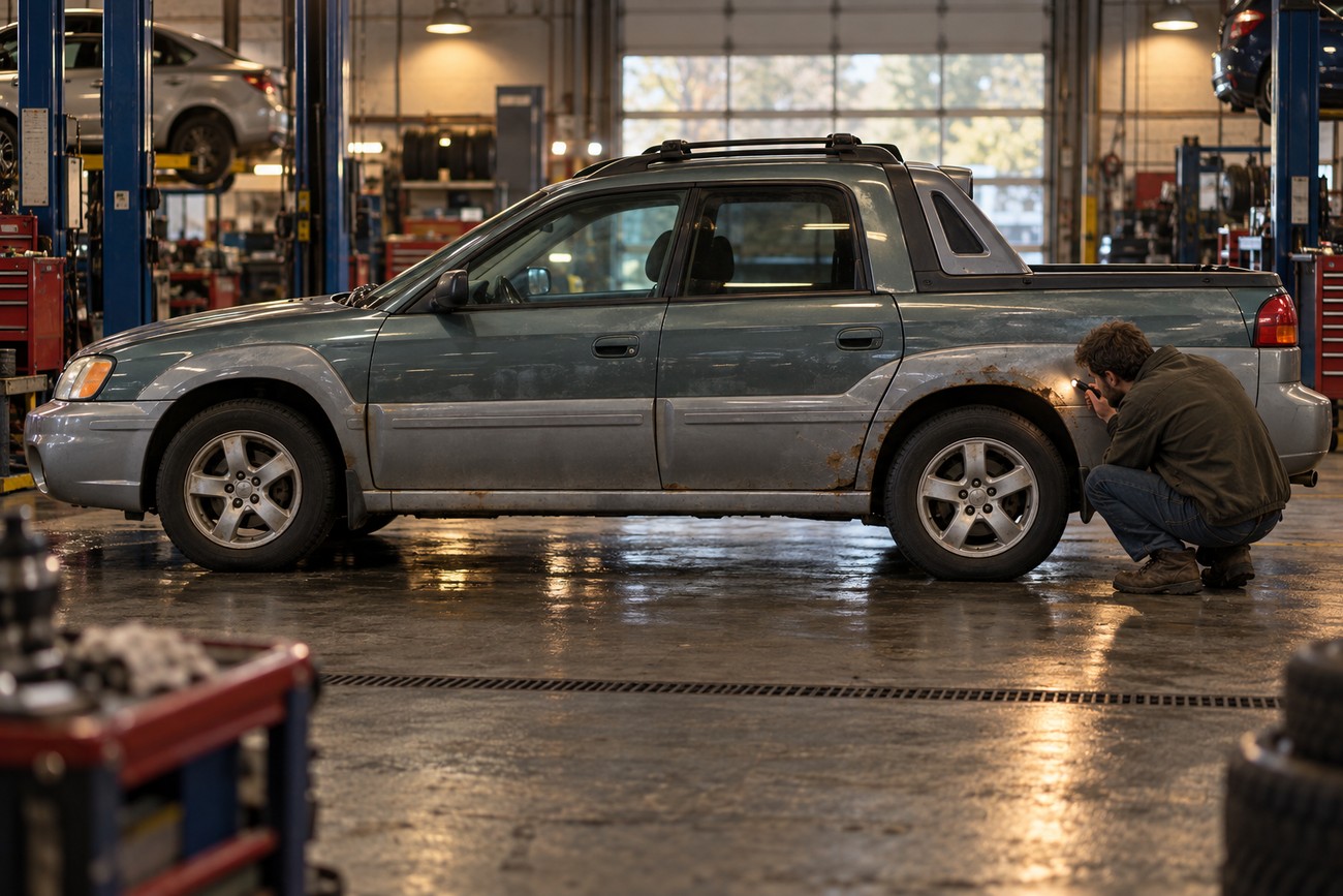 Mechanic kneeling beside a green Subaru Baja inspecting rust on the rear wheel arch with a flashlight inside a garage