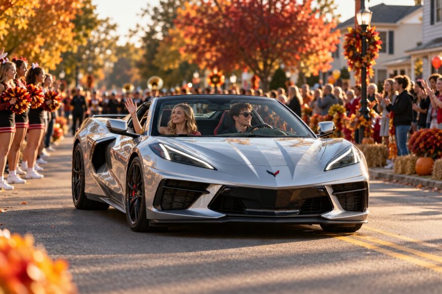 A silver Corvette convertible driving slowly down a suburban street during a homecoming parade with cheering crowds