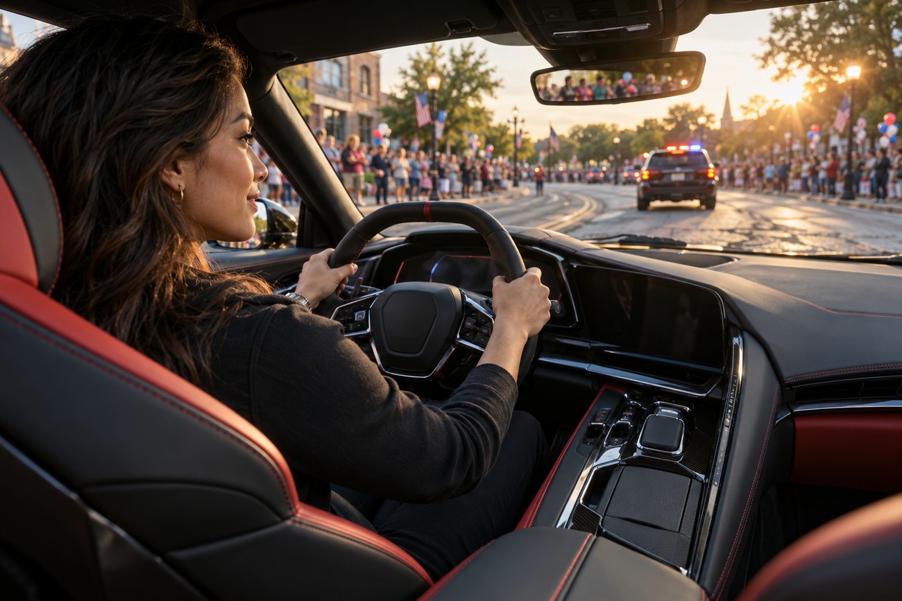 A woman driving a Corvette while participating in a sunny homecoming parade with crowds on the street