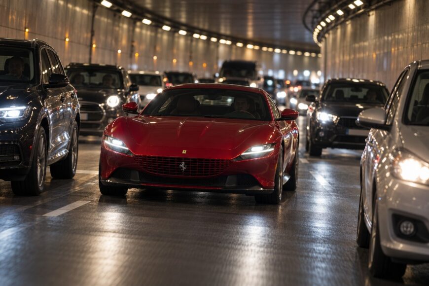 A red Ferrari Roma driving through a brightly lit tunnel surrounded by other cars in traffic