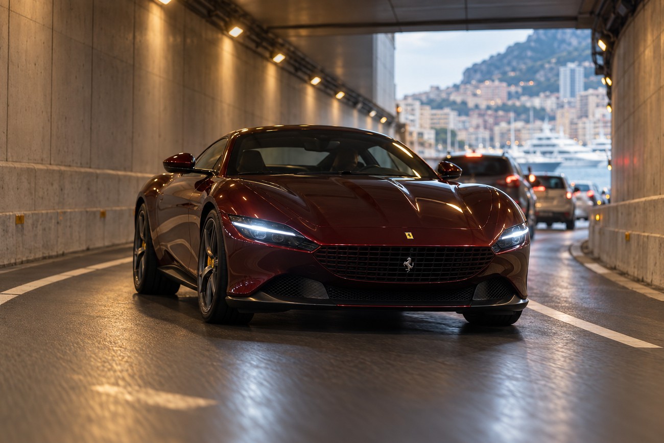 A dark red Ferrari Roma sports car driving inside the illuminated tunnel in Monaco
