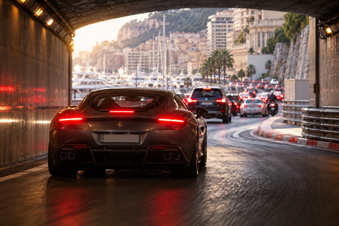A grey Ferrari Roma driving through the Monaco tunnel with lit brake lights and traffic ahead