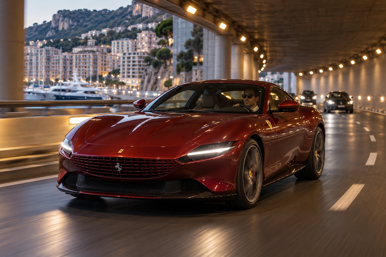 A red Ferrari Roma driving through the coastal tunnel in Monaco with city buildings and yachts outside