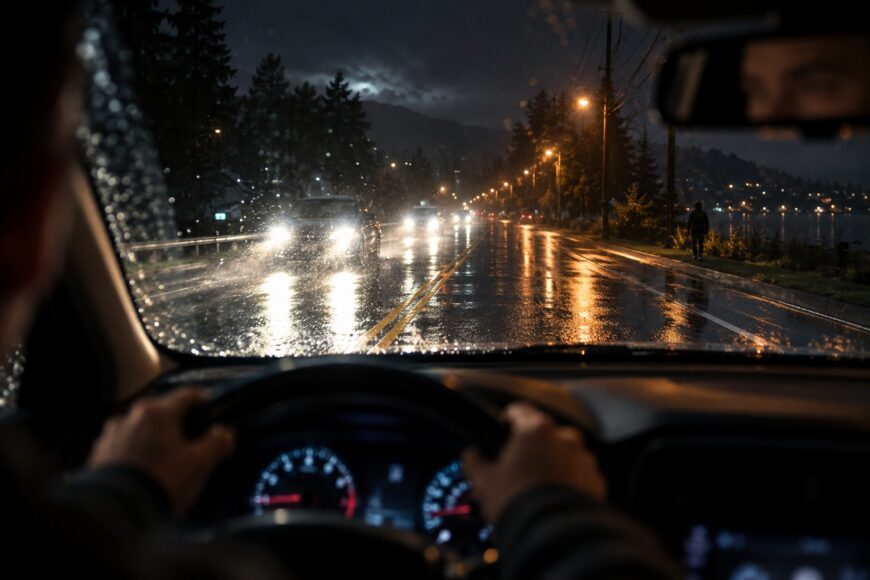 Driver holding the steering wheel inside a car driving on a wet road at night with oncoming headlights reflecting on the windshield
