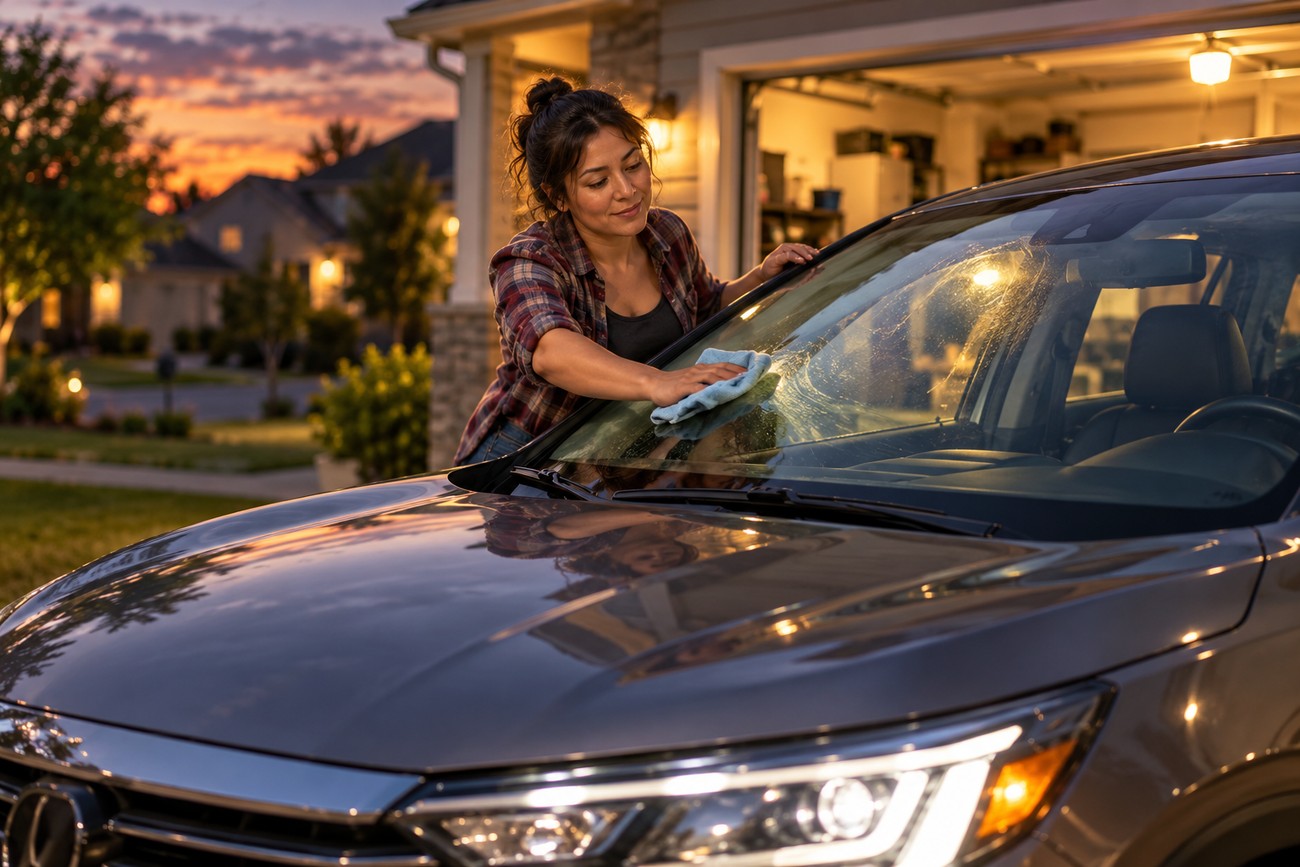 A woman in a plaid shirt cleans a car windshield with a cloth outdoors at sunset