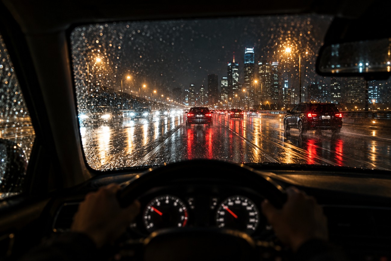 Driver holding a steering wheel while looking through a rain-covered windshield at night city traffic and glowing taillights