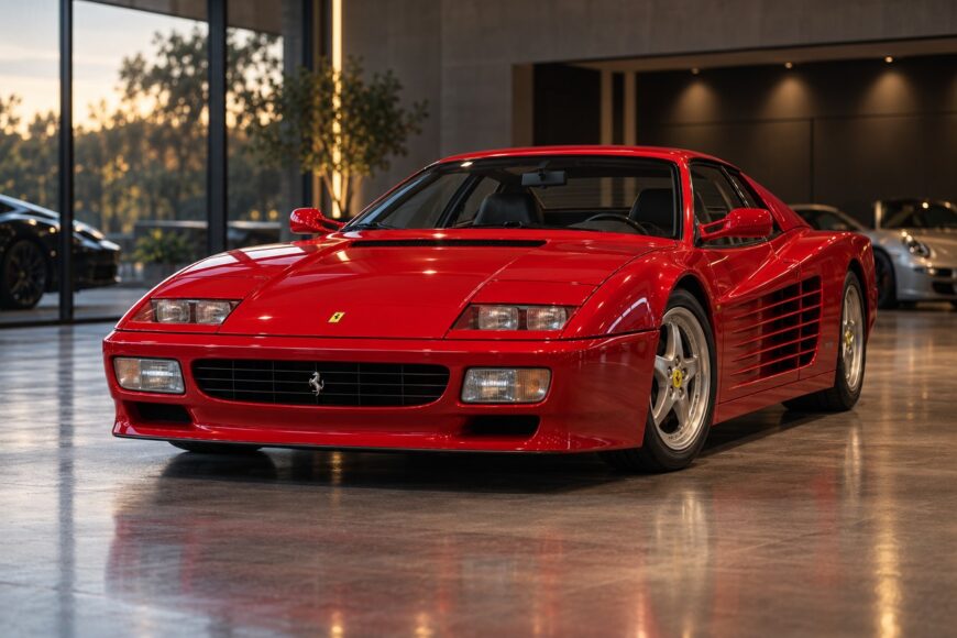 Front view of a red Ferrari F512 M parked on a glossy floor inside a modern showroom
