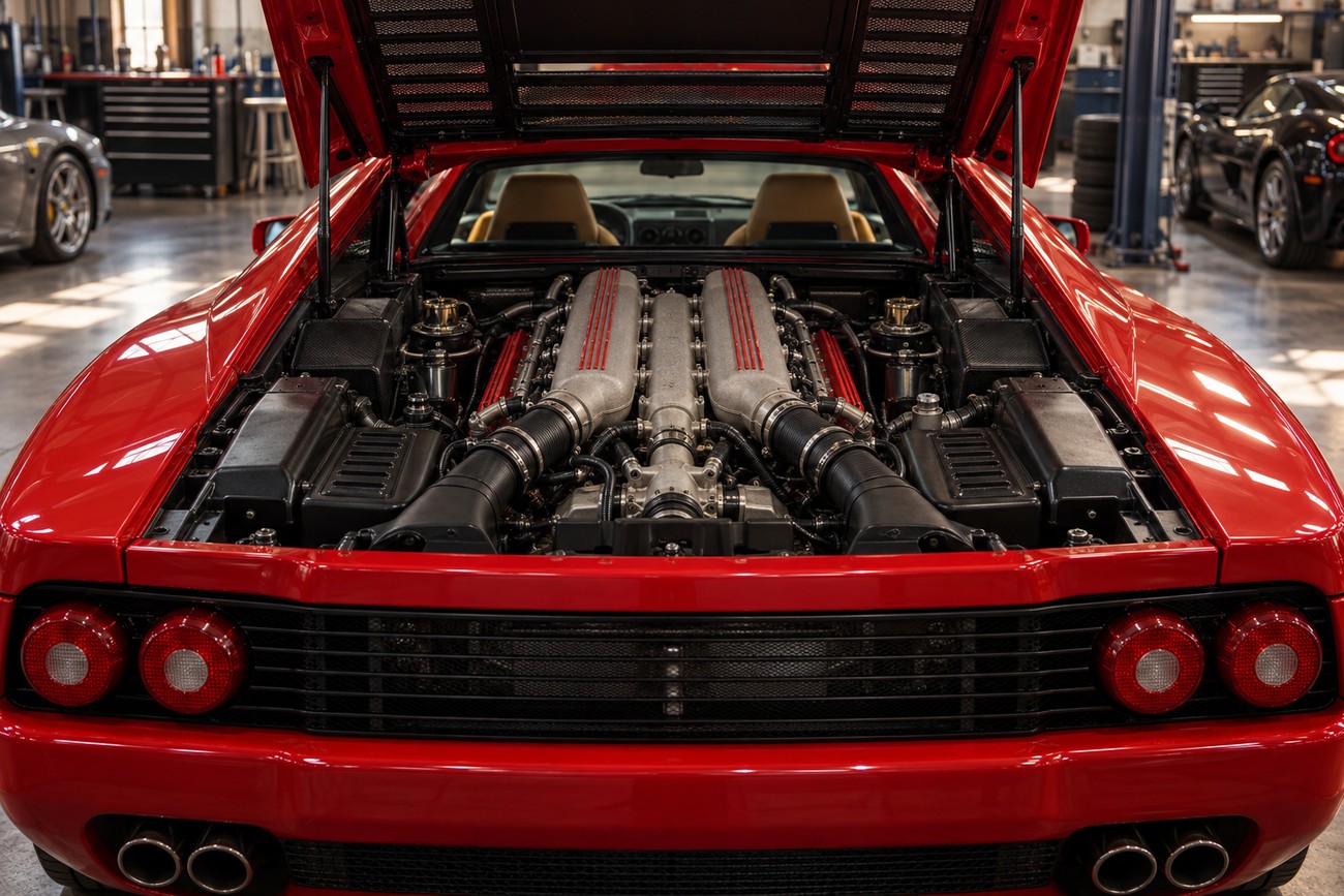Open rear hood of a red Ferrari F512 M revealing the detailed flat-12 engine inside a garage