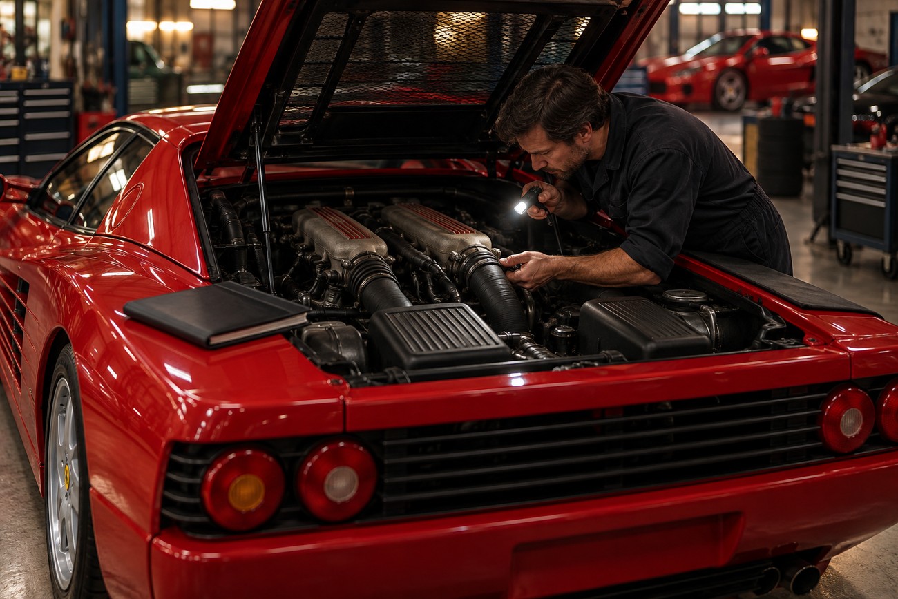 A mechanic inspecting the engine bay of a red Ferrari F512 M with a flashlight in a professional garage