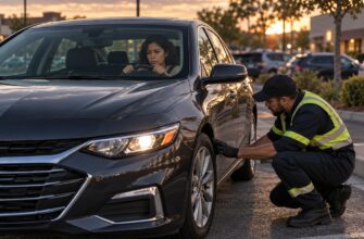 A mechanic in a high-visibility vest inspects the front tire of a car while a stressed female driver sits inside holding the steering wheel
