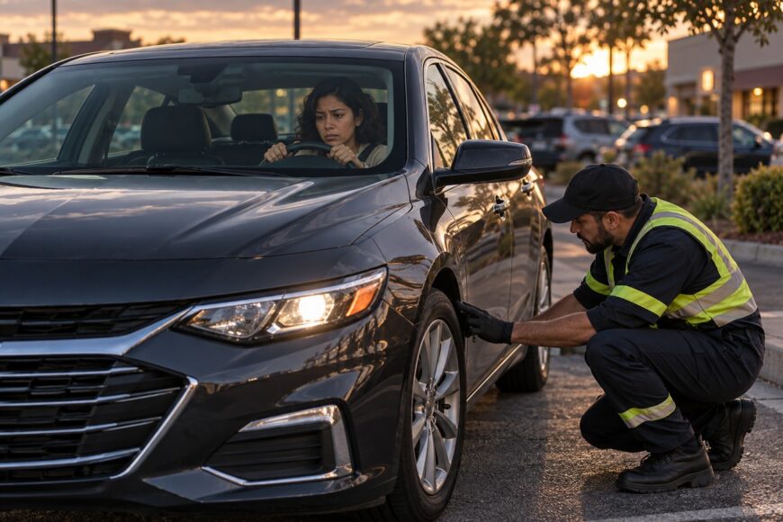 A mechanic in a high-visibility vest inspects the front tire of a car while a stressed female driver sits inside holding the steering wheel