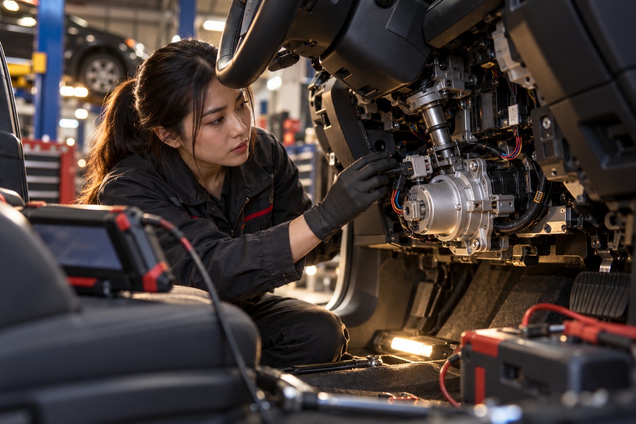 A female mechanic in a uniform inspecting the steering column and wiring inside a vehicle