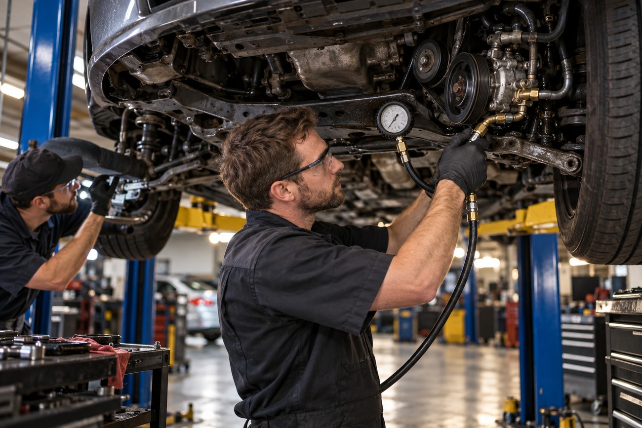Mechanic wearing safety glasses and black gloves tests power steering pressure on a car lifted in a repair shop