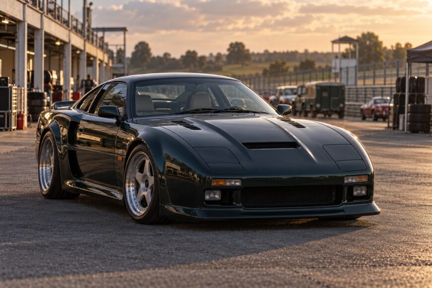 Dark green Lister Storm sports car parked on asphalt in the paddock during golden hour sunset