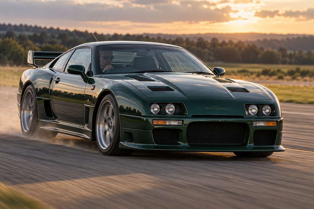 Dark green Lister Storm sports car driving fast on a track during golden hour sunset