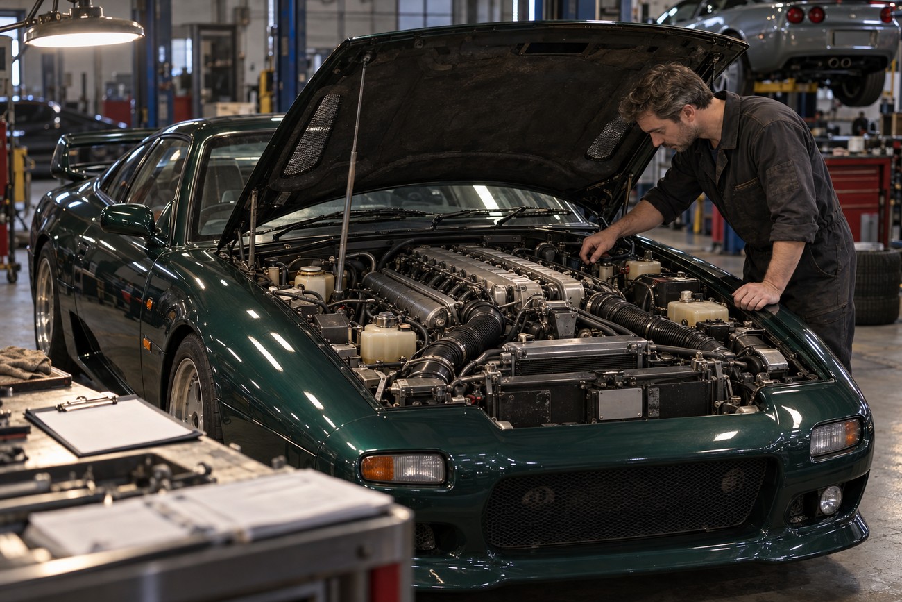 A mechanic in overalls inspecting the Jaguar V12 engine of a dark green Lister Storm sports car with its hood open in a garage